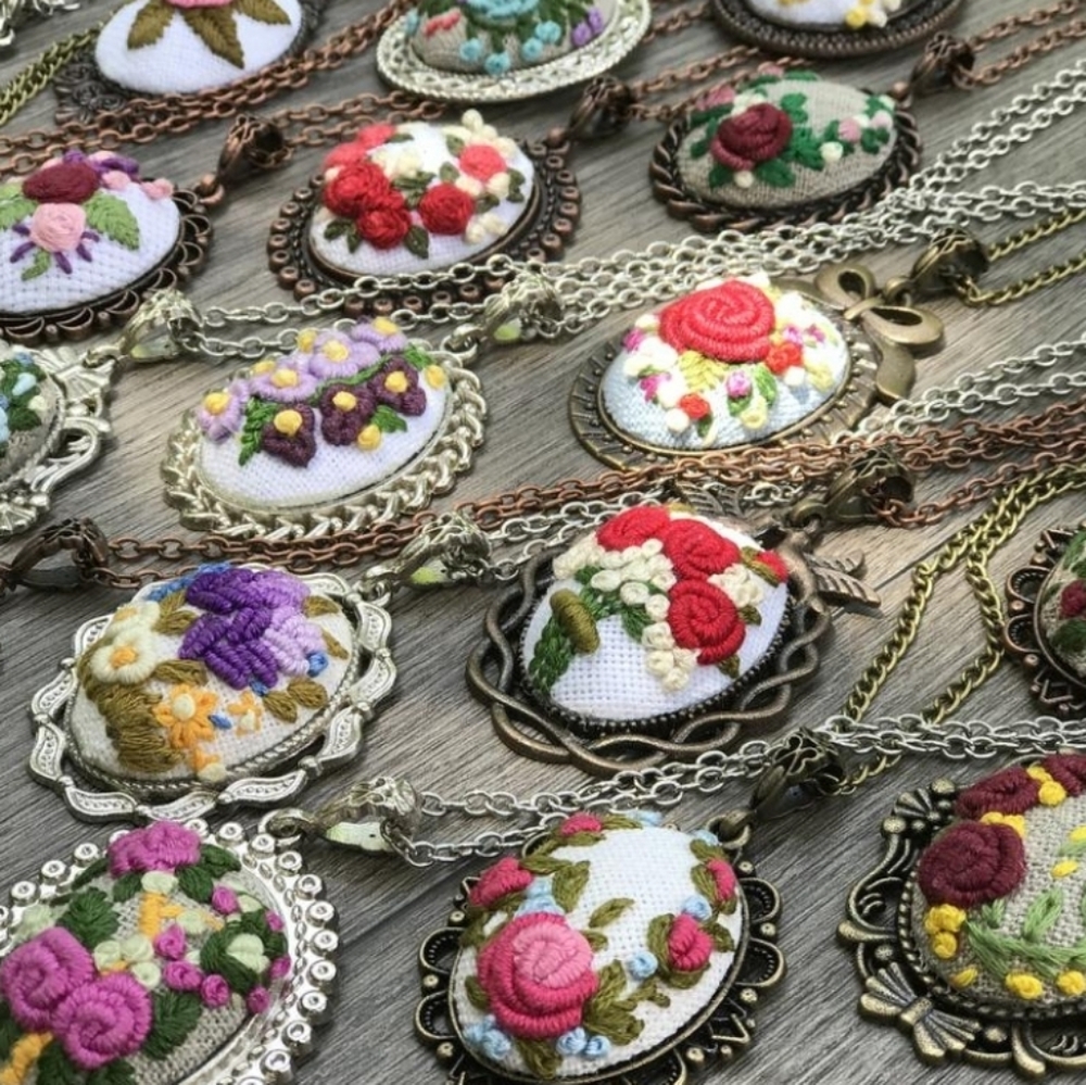 Hand-Embroidered Floral Vintage Style Necklaces